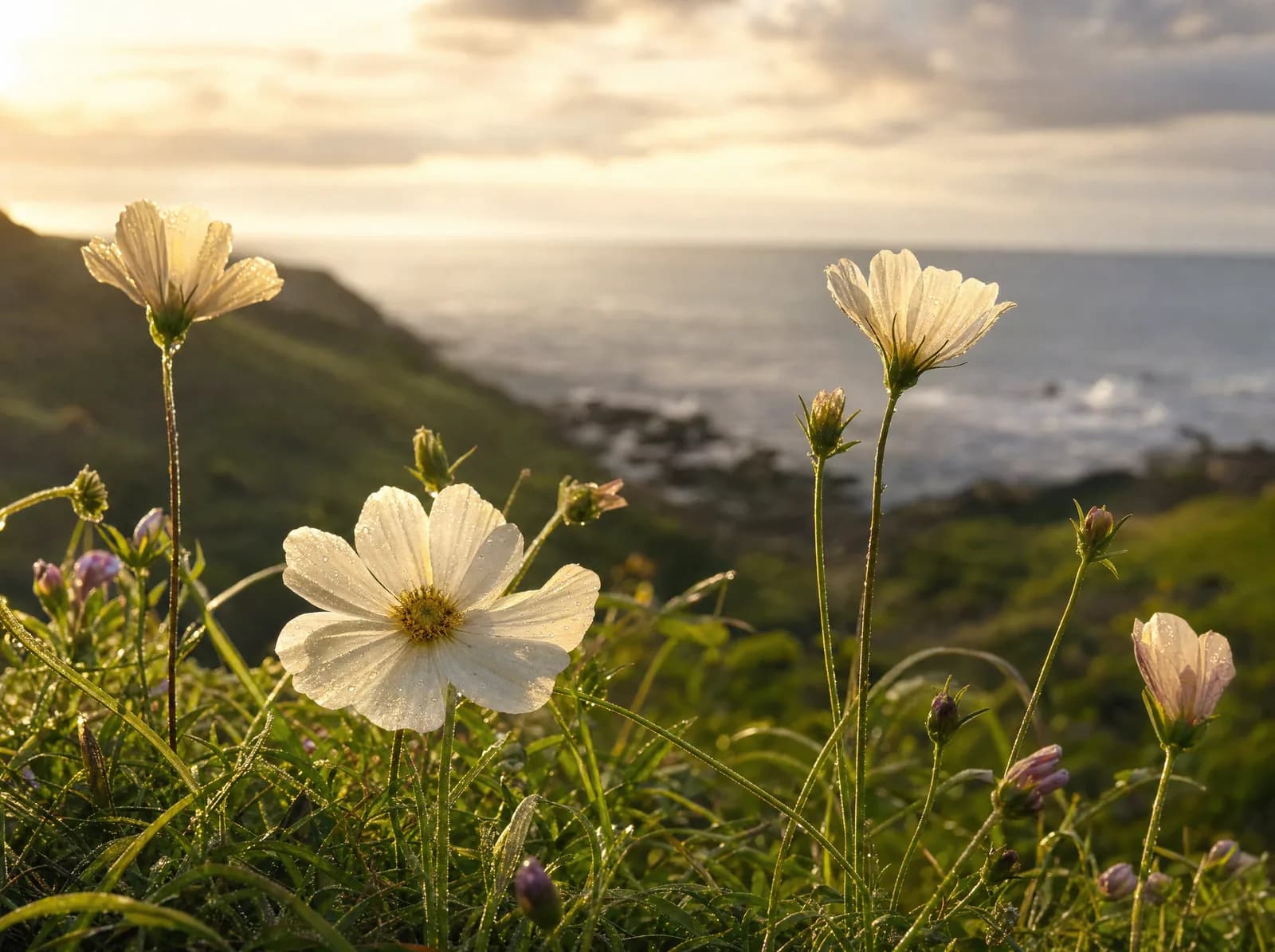 A cluster of pale wildflowers of different heights growing close together on a green hillside above the Pacific at golden hour