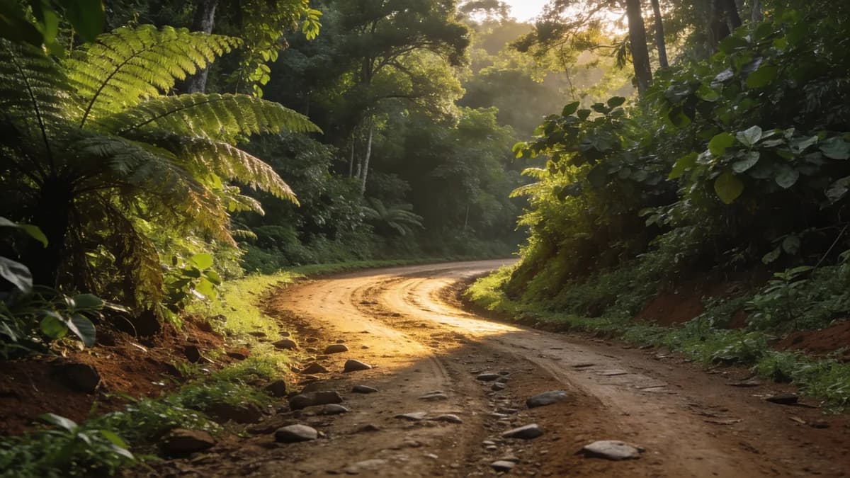 A winding dirt road through lush green jungle toward soft morning light