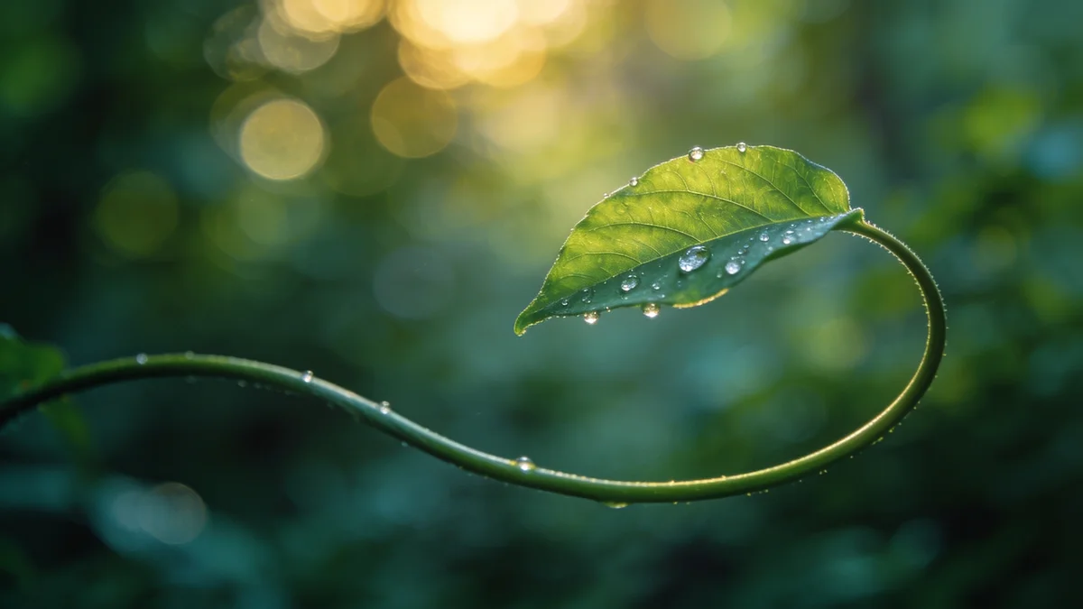 Dew droplets on a supple green leaf in warm morning light