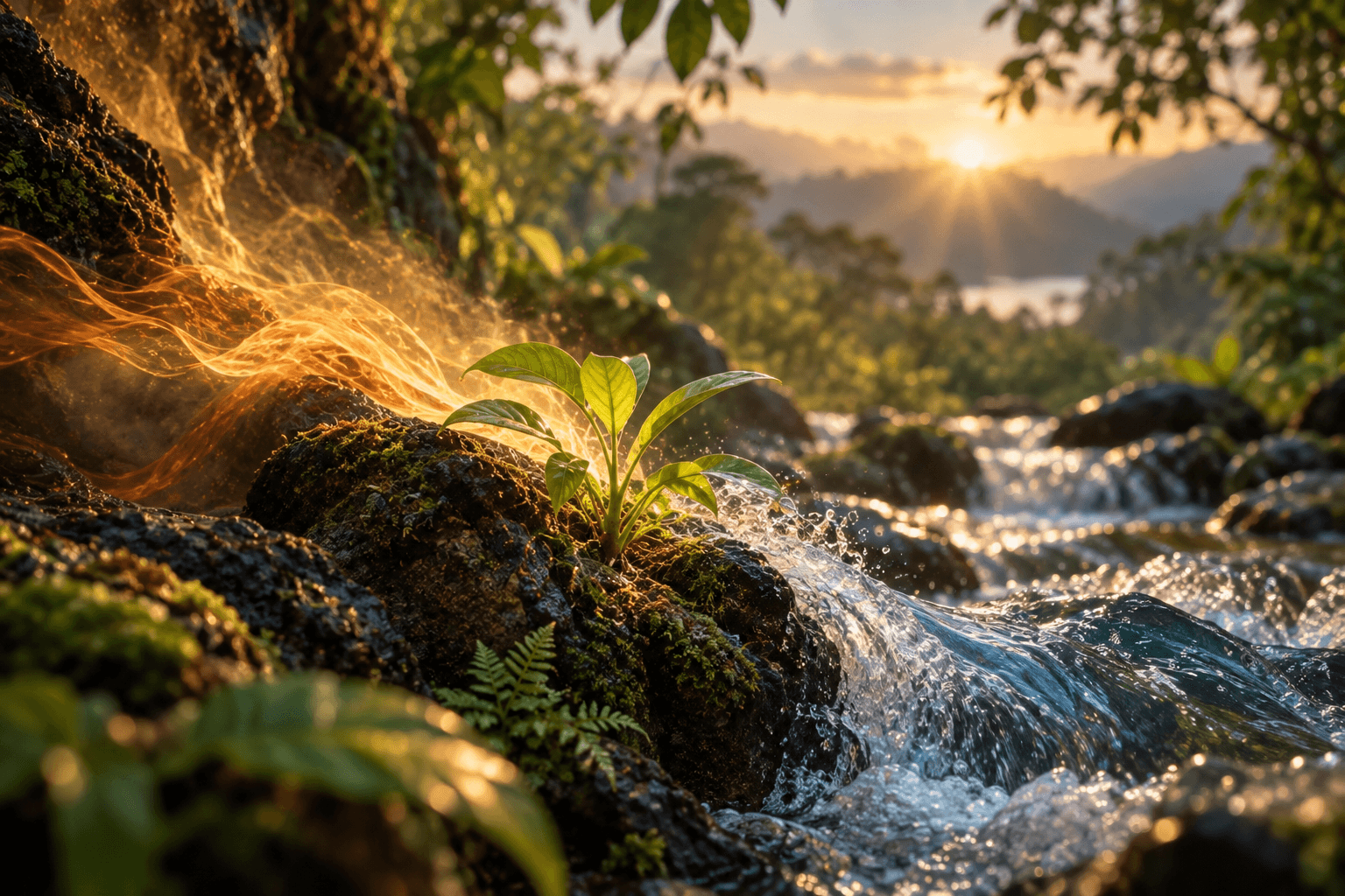A young green plant growing from moss beside flowing water at sunrise, with a ribbon of warm golden light