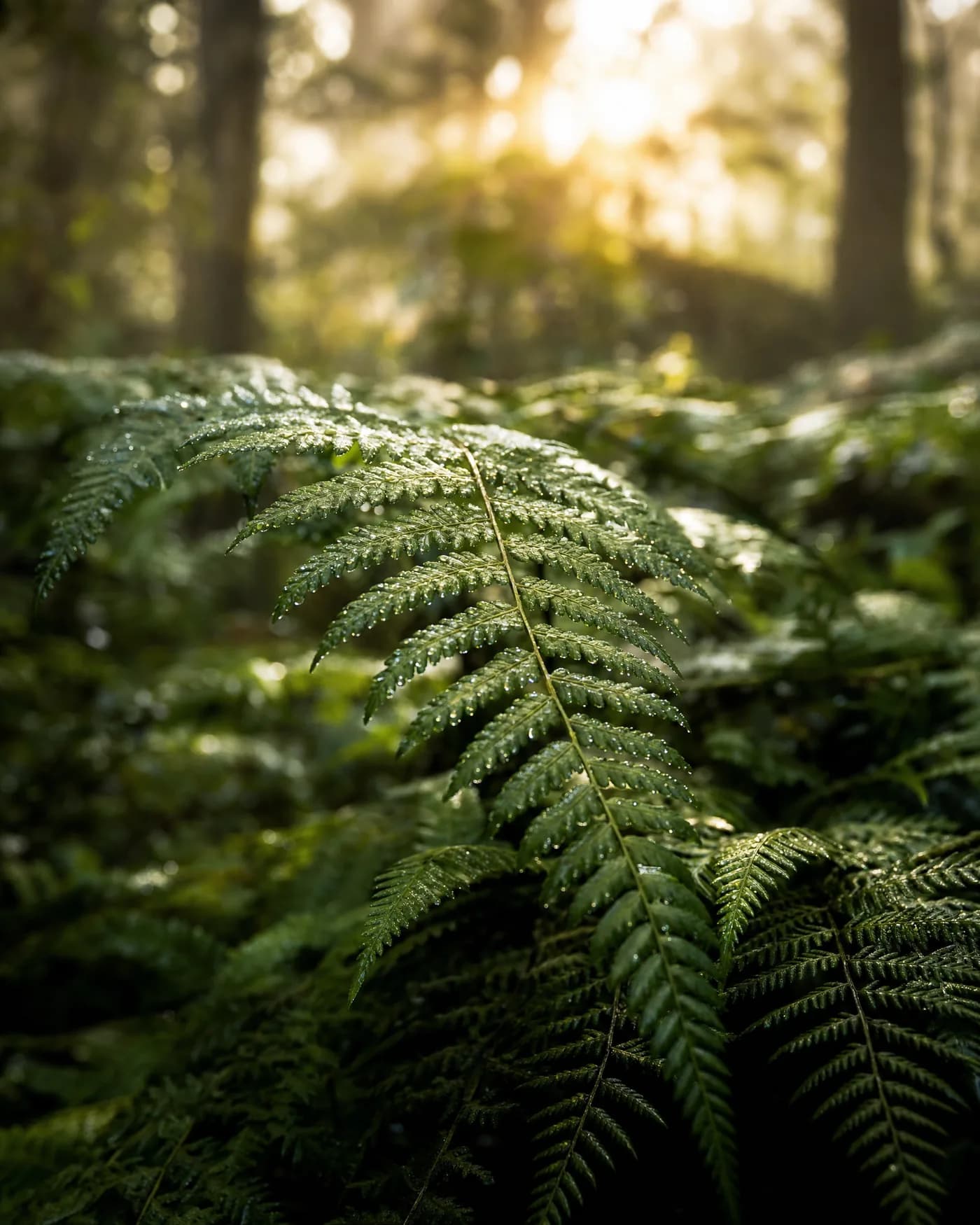 Dew on fern fronds in soft morning light inside a green rainforest