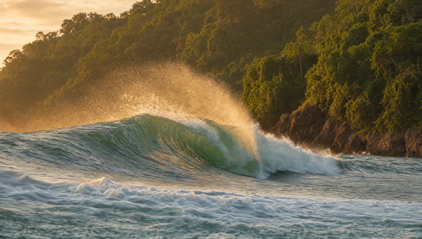 A Pacific wave breaking against a green Costa Rican shore at golden hour